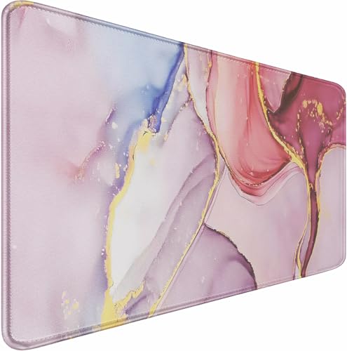 Extra Large Mouse Pad 31.5 x 11.8 in, Gaming Mousepad with Stitched Edges, Premium Microfiber Cloth Surface, Waterproof Non-Slip Base Keyboard Desk Mat for Home Office Gaming, Marble Pink - color: Marble Pink, size: 31.5L x 11.8W inches