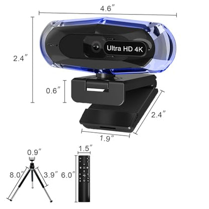 4K Webcam for PC, 4K Webcam with Remote Control and RGB Light, Autofocus Streaming Camera for PC/Mac, Plug and Play Computer Camera for Zoom/Skype/YouTube/Meeting - style: 4k+remote+tripod