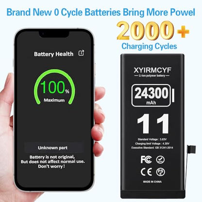 XYIRMCYF 24300mAh Super Capacity Battery Compatible with iPhone 11, 0 Cycle Li-Polymer Replacement Battery for iPhone 11, with Professional Repair Tool Kit - color: 11-24300