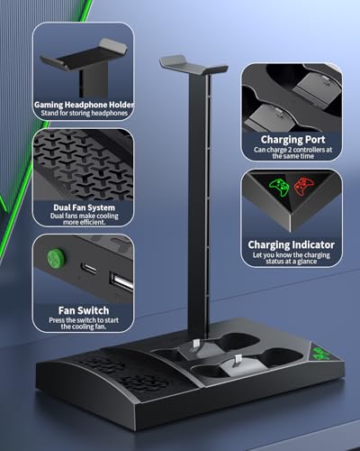Charger Stand with Cooling Fan for Xbox Series S Console and Controller,Vertical Dual Charging Dock Accessories with 2 x 1400mAh Rechargeable Battery and Cover, Earphone Bracket for XSS(Black) - color: Black