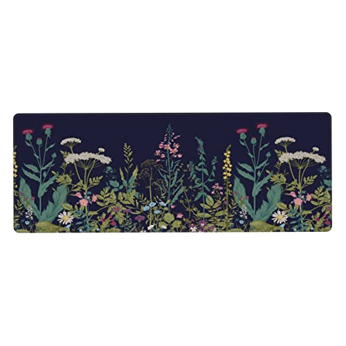 Flower Extended Gaming Mouse Pad Abstract Black Desk Mat 31.5x11.8 Inch Floral Texture Non-Slip Rubber Base Weeds Mousepad Stitched Edges Keyboard Mouse Mat Desk Pad for Office Home Game - color: Flower