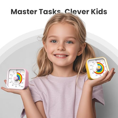 Visual Timer for Kids, Rainbow Timer with Pause Function, Pink | Cute Silent Timer for Classroom, ADHD, Kitchen, Toddlers, Study, Alarm 3 Volume Levels, Light Indicator, Easy to Use - color: Rainbow Pink