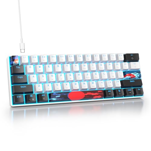 Protable 60% Percent Gaming Keyboard Mechanical, Mini Compact Ice-Blue LED Backlit 61 Keys Wired Office Keyboard with red Switch for Mac/Win/PS4/PS5（61White/red Switch） - color: 61White/red Switch