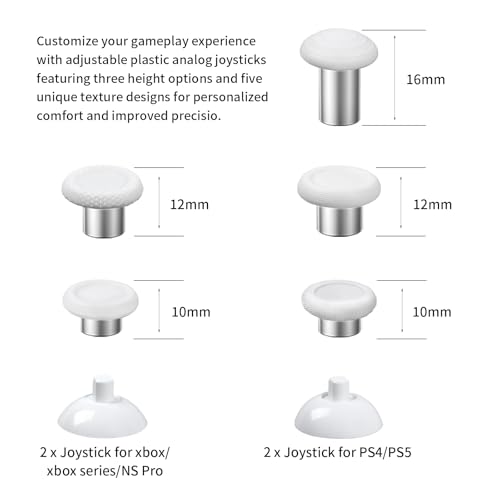 RALAN Replacement Interchangeable Thumbsticks Joysticks Repair Kit for Xbox One, Xbox Series X/S, PS4/PS5/NS Pro Controllers, 3 Height Plastic Base, 5 Grip Designs (White) - color: White