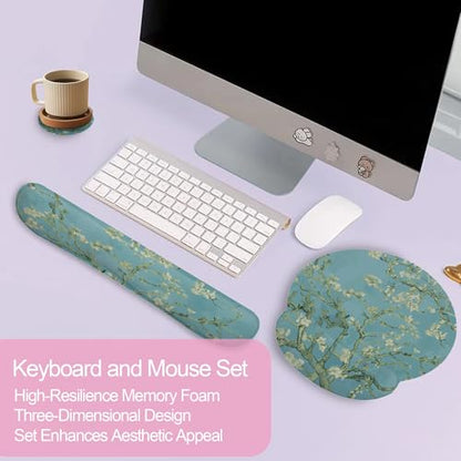 Blossoming Almond Tree Keyboard Wrist Rest Pad and Mouse Pad Wrist Support Set,White Flower 3-in-1 Ergonomic Mouse Pad with Non-Slip Rubber Base for Home Office Game Computers Desk, - color: Blossoming Almond Tree