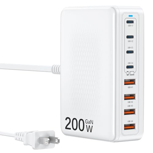 USB C Charger Block 200W Charging Station Hub for Multiple Devices Upgraded GaN III 8-Port PD 65W Fast Laptop Power Adapter for MacBook Pro/Air,DELL,iPad,HP,iPhone 16/15,Samsung S25/S24,Steam Deck etc