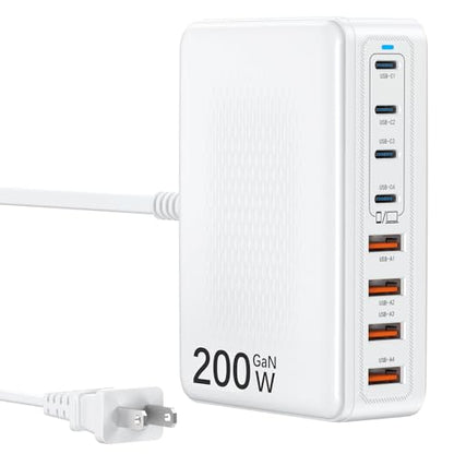 USB C Charger Block 200W Charging Station Hub for Multiple Devices Upgraded GaN III 8-Port PD 65W Fast Laptop Power Adapter for MacBook Pro/Air,DELL,iPad,HP,iPhone 16/15,Samsung S25/S24,Steam Deck etc