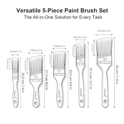 Paint Brushes Set - 5 Pcs Flat & Angle Paintbrushes for Wall & Trim, Suitable for Oil & Water-Based Paints, Stains