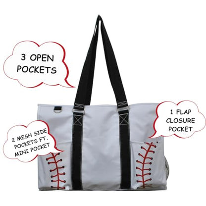 NGIL Utility Water Resistant Tote Bag | Work Tote for Women, Nurse Bag, Teacher's Choice Purse, Gym Bag, Everyday Organizer Top Zipper Closure - color: Baseball-white