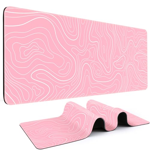 DIGSOM Gaming Mouse Pad, Pink with White Topographic Line, 31.5x11.8in | XL Mouse mat, Smooth surface, Anti-slip rubber base, For keyboard and mouse, For home and office use - color: Pink Topographic