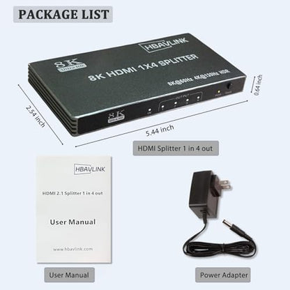HDMI Splitter - HDCP, HDR, Dolby/DTS5.1/7.1 - Compatible with Firestick 4k Max, PS3/PS5 & Elgato HD60s/x/Pro, Apple TV 4K, Retrotink, Roku soundbar, NOT for Phone (HB-SP104G) - size: Splitter 1x4 8K@60Hz