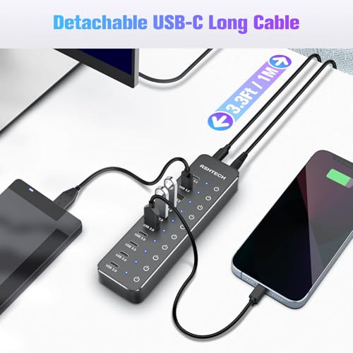 RSHTECH 10 Ports Powered USB 3.2/USB C Hub Splitter 60W with 3 x 10Gbps USB 3.2 Ports (2C + 1A),7 x USB 3.0 Ports (4C + 3A), 3.3ft Cable and Individual Touch Switches for Laptop PC