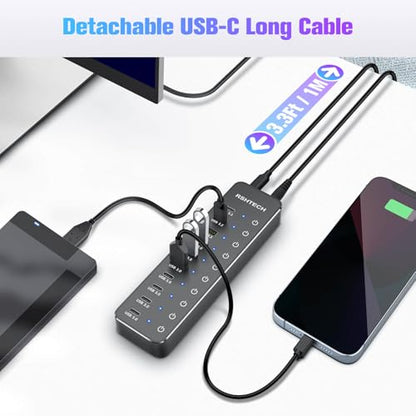 RSHTECH 10 Ports Powered USB 3.2/USB C Hub Splitter 60W with 3 x 10Gbps USB 3.2 Ports (2C + 1A),7 x USB 3.0 Ports (4C + 3A), 3.3ft Cable and Individual Touch Switches for Laptop PC