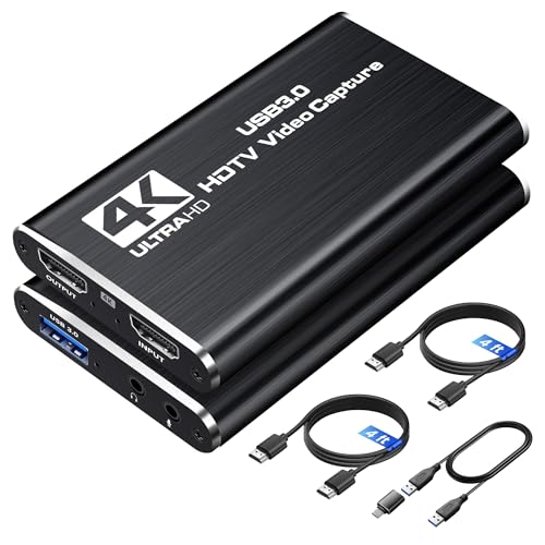 4K HDMI Capture Card for Streaming, 1080P 60FPS USB 3.0/Type-C Game Video Capture Card with 4K HDMI Loop-Out, Includes 2pcs HDMI Cables & USB Cable, Works for PS5/PS4/Switch/Xbox/PC/Camera/OBS (Black)