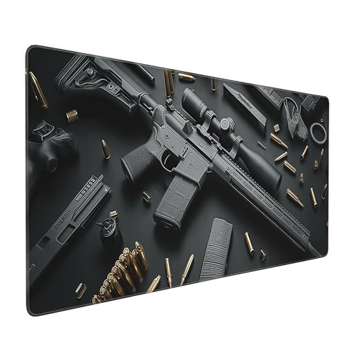 Extended Gaming Mouse Pad with Military Weapon Design, Large Desk Mat for Keyboard and Mouse, Black, 35.4 x 15.7 inches - color: Cool Military Weapon Mouse Pad