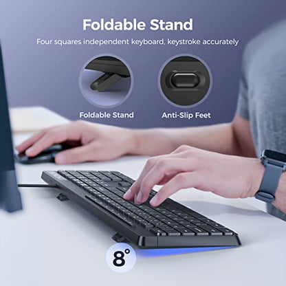 Virfour Wired Keyboard,Quiet Keyboard, Multimedia USB Computer Keyboard, Silent Keyboardwith Low Profile Chiclet Keys,Large Number Pad,Spill-Resistant,Anti-Wear Letters,Full Size for Laptop,Desktop