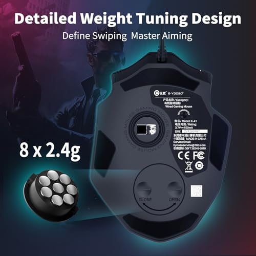 E-YOOSO Wired Large Gaming Mouse, RGB Backlit, 5 Macro Side Buttons, 200-12400 DPI, 11 Programmable Buttons, Rapid Fire Button, Adjustable Weights, Software Supports, Ergonomic for PC/Mac, Black