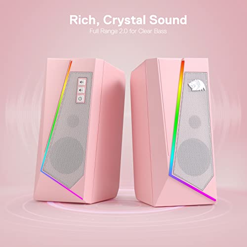 Redragon GS520 Wired 2.0 Channel Stereo Sound Desktop RGB Computer Speakers | Enhanced Auido Quality, Plug & Play USB Powered PC Gaming Speaker, 6 Colorful Backlight Modes, Easy-Access Volume Control - color: Pink