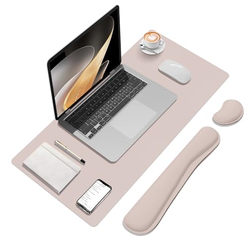Desk Mat Set， Wrist Rest for Computer Keyboard, 3-in-1 Large Mouse Pad and Keyboard Wrist Rest Set, Non-Slip Desk Mat Protector for Office, Home(27.5×13.8 Inches, CreamPI) - color: Cream Pink - Wrist Rest, size: 13.7" x 27.5"