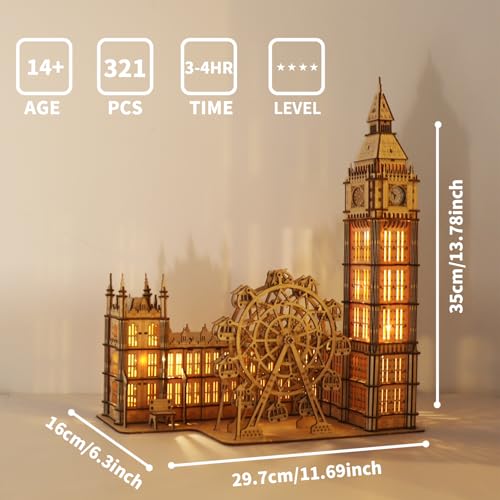 Music Park 3D Wooden Puzzle, Big Ben with LED | Big Ben clock with LED night light and London Eye Ferris wheel. DIY model building kit. Home decor gift. - color: Big Ben