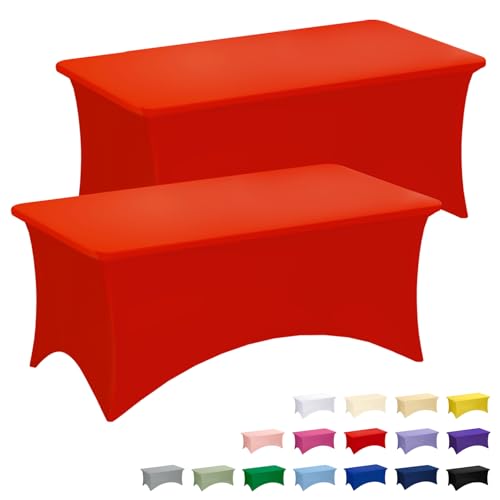 Fixwal Red Stretch Table Cloth Rectangle 2 Pack 6Ft, Spandex Fitted Table Covers Washable for Party, Trade Show, Banquet, Wedding, Buffet - color: Red, size: 6 Ft