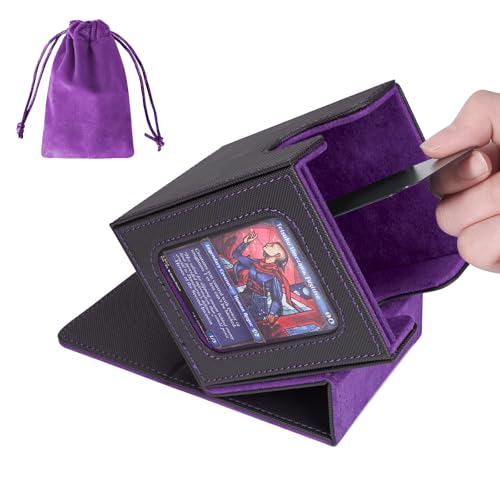 AFIING MTG Deck Box for Commander Display,Card Deck Box Fits 100 Double Sleeved Cards, Magic Commander TCG Card Storage Box with 2 Dividers,Drawstring Bag and 1 Toploader(Black/Purple) - color: Commander Black Purple