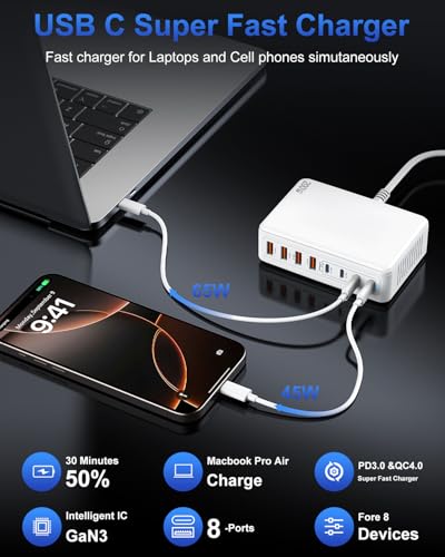USB C Charger Block 200W, GaN USB Charging Station Hub 8-Port, PD 65W Laptop Fast Charger Power Adapter Compatible with MacBook Pro/Air,Dell,iPad,iPhone 16/15,S23/S24 Steam Deck etc