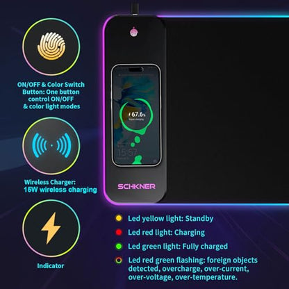 Schkner RGB Gaming Mouse Pad with Wireless Charging 15W, Large Desk Mat 800x300x4mm, 10 Light Modes Keyboard Pad with Non-Slip Rubber Base, Waterproof Mousepad for Gaming PC MacBook Laptop