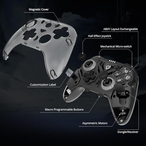 C8 PC Controller - Wireless Bluetooth Gamepad - Hall Effect Joystick RGB Backlit - 1000Hz Polling Rate -Dual Vibrate Macro Buttons for PC, Switch, Switch 2, Steam Deck, Android, iOS, MAC &Tesla Charging Dock - color: Black Transparent