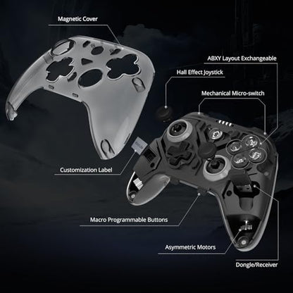 C8 PC Controller - Wireless Bluetooth Gamepad - Hall Effect Joystick RGB Backlit - 1000Hz Polling Rate -Dual Vibrate Macro Buttons for PC, Switch, Switch 2, Steam Deck, Android, iOS, MAC &Tesla Charging Dock - color: Black Transparent