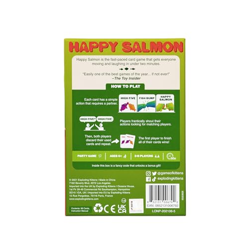 Exploding Kittens Happy Salmon Matching Card Game, 3-8 Players, Ages 6+ | Frantically shout your actions, find a matching player, complete the action, and discard your card. Fast 90-second travel fun