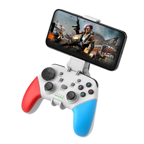 Joso Wireless Mobile Gaming Controller for iPhone, Android, iPad, Tablet, PC, Phone Controller with Phone Clip Supports Cloud Game, COD Mobile, Genshin Immpact, Remote Player Gamepad - color: White+Blue+Red