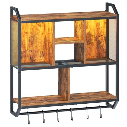 HOOBRO Gaming Floating Shelf with LED Lights, 28.7" LED Wall Mounted Shelf, 3-Tier Display Rack for Wall Storage, Floating Rack with Hanging Rod and 6 S-Hooks, Rustic Brown and Black BF70DBJ01 - color: Rustic Brown + Black
