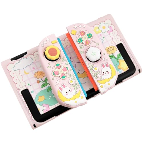 Protective Case for Nintendo Switch 2, Hard Back Shell + 2 Silicone Anti-Slip Controller Covers + 2 Joystick Caps, Rabbit and Flower Cover, Pink - color: Pink