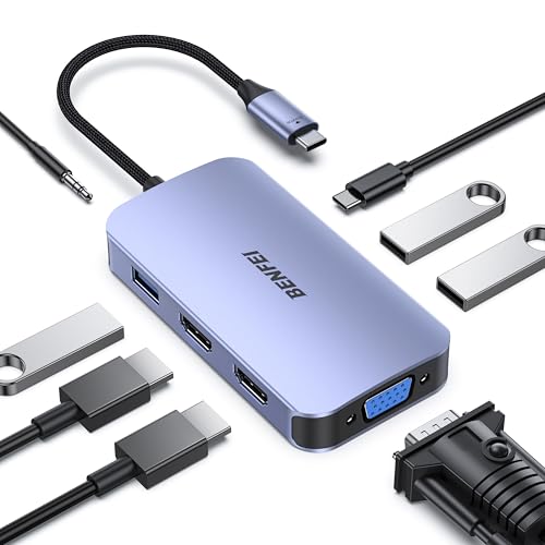 BENFEI USB C Docking Station, 8-in-1 USB C Hub with Triple Display Dual HDMI, VGA, 3*USB 3.0, 100W Power Delivery, 3.5mm AUX Audio Compatible with MacBook Pro, XPS and More - color: Grey, size: 8-in-1
