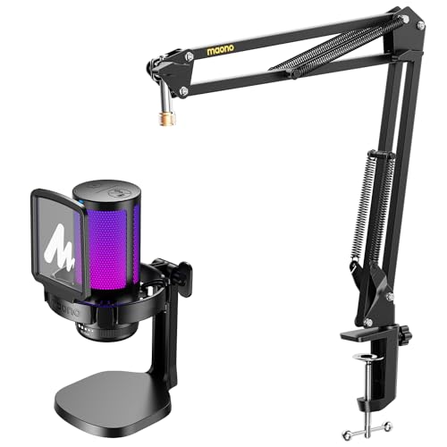 MAONO USB Gaming Microphone with Boom Arm Microphone Stand: Noise Cancellation Condenser Mic Kit with RGB Lights,for Streaming Recording Podcast Chat Twitch YouTube Discord DGM20+BA20 Black