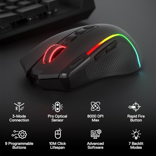 Redragon M612 Wireless RGB Optical Gaming Mouse 8000 DPI Remapping Keys | Cable-Free 0 Delay, Redefine Keybinding Macro, Vibing Backlight, Ergonomic Grip Body Comfort - color: Black, style: Wireless