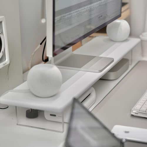 Bamboo Monitor Stand Riser, Natural Desk Shelf with Acrylic Legs | 31.5-Inch Wide, 3.3-Inch Clearance, Fits Monitor, Laptop, Printer and Speakers for Small Desks - color: White