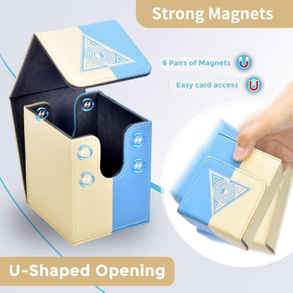 Card Deck Box with 2 Dividers, MTG Commander Deck Box Holds 100+ Double-Sleeved Cards, Leather Magnetic Deck Case Compatible with Magic TCG CCG Cards, White/Blue - color: 1. White & Blue, size: 100 Double-sleeved Cards Vertical