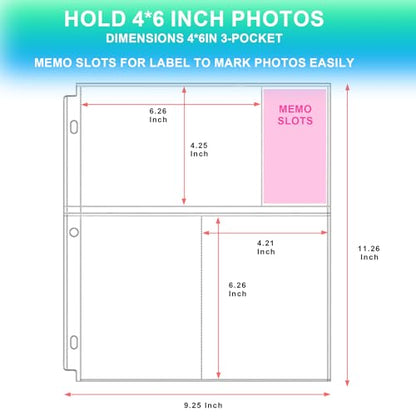 25 Pack 4 x 6 Photo Sleeves for 3 Ring Binder(300 Pictures) | Heavy-Duty Archival Photo Page Protectors, Clear Picture Album Refill Pages Holds, Acid-Free - size: 4x6inch-3pocket, style: 25 pack