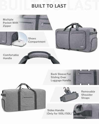Gonex Large Foldable Travel Duffle Bag with Shoes Compartment, Packable Lightweight Water Repellent Duffel Bag for Camping Gym Weekender Bag - color: Light Grey, size: 60L