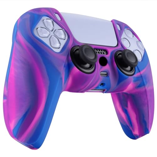 PlayVital Tri-Color Pink & Purple & Blue Camouflage Anti-Slip Silicone Cover Skin for ps5 Controller, Soft Rubber Case for PS5 Wireless Controller with Black Thumb Grip Caps - color: Pink Purple Blue