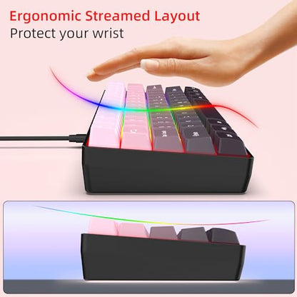 Snpurdiri 60% Wired Gaming Keyboard, 61 Keys RGB Backlit Ultra-Compact Small Gaming Keyboard, for PC/Mac Gamer, Typist, Travel, Easy to Carry on Business Trip (Pink-Black) - color: Gradient Pink and Black