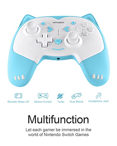 KINVOCA Wireless Controller for Nintendo Switch/Switch Lite, Cute Pro Controller with Turbo, Motion, Vibration, Wake-Up, Headphone Jack and Breathing Light - Blue