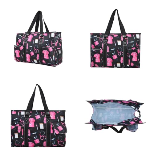 NGIL Utility Water Resistant Tote Bag | Work Tote for Women, Nurse Bag, Teacher's Choice Purse, Gym Bag, Everyday Organizer Top Zipper Closure - color: Pink Nurse Print-black
