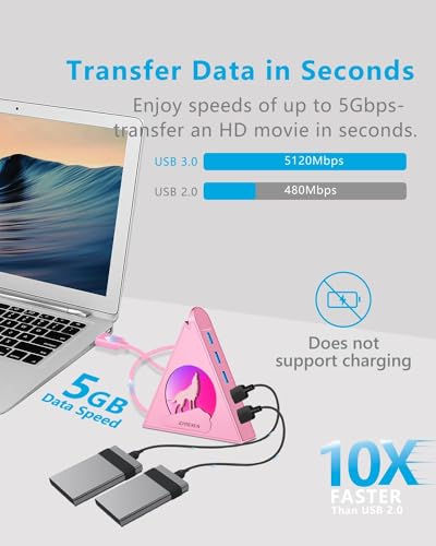 7 USB 3.0 Ports, Howling Wolf Pink USB Hub - 2FT Long Cable, Vertical USB Hub Expander Compatible with PC, Laptop, Flash Drive, HDD, Console, Printer, Keyborad, Mouse - color: Pink