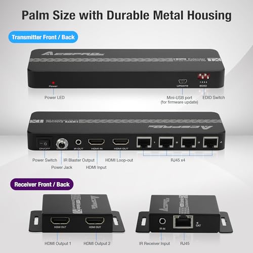 1080P 1x8 (4 Receivers) HDMI Splitter Over Cat6 Extender | up to 164 Feet (50 Meters) for 8 Monitors and 1 Loop-out Monitor (1 In 8 Out), IR Control and EDID Function - size: 1x8