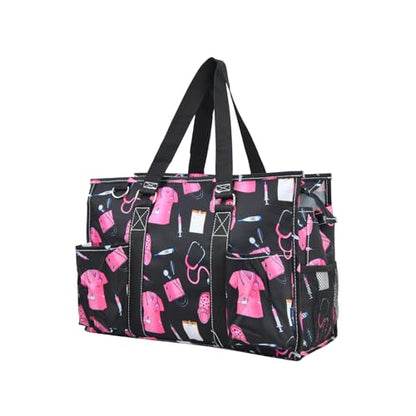 NGIL Utility Water Resistant Tote Bag | Work Tote for Women, Nurse Bag, Teacher's Choice Purse, Gym Bag, Everyday Organizer Top Zipper Closure - color: Pink Nurse Print-black