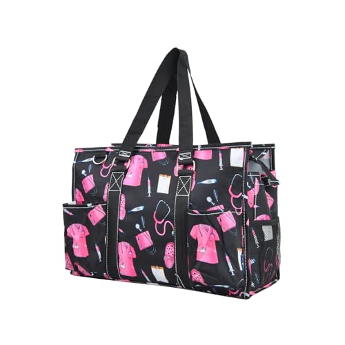 NGIL Utility Water Resistant Tote Bag | Work Tote for Women, Nurse Bag, Teacher's Choice Purse, Gym Bag, Everyday Organizer Top Zipper Closure - color: Pink Nurse Print-black