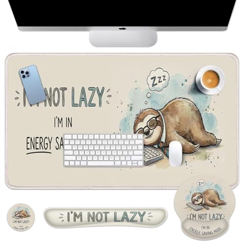 Britimes Sloth Funny Animal Keyboard Mouse Pad Set Beige Motivational 4in1 Large Mousepad+Keyboard Wrist Rest+Mouse Wrist Rest+Coaster Ergonomic Design for Home Office Computer 35.4x15.7 inches - color: Sloth Funny